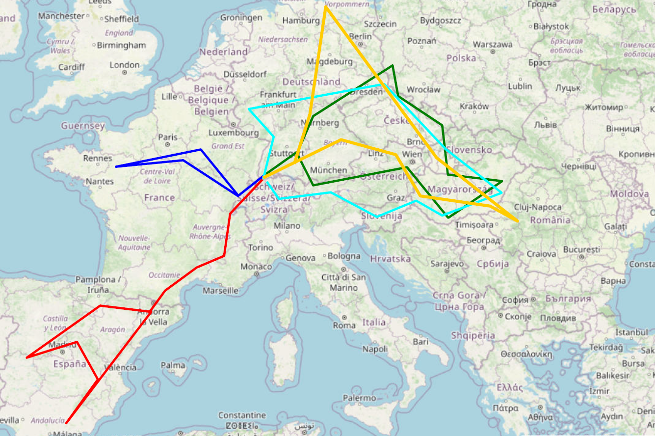 Eine Europa-Karte mit bunten Strichen.